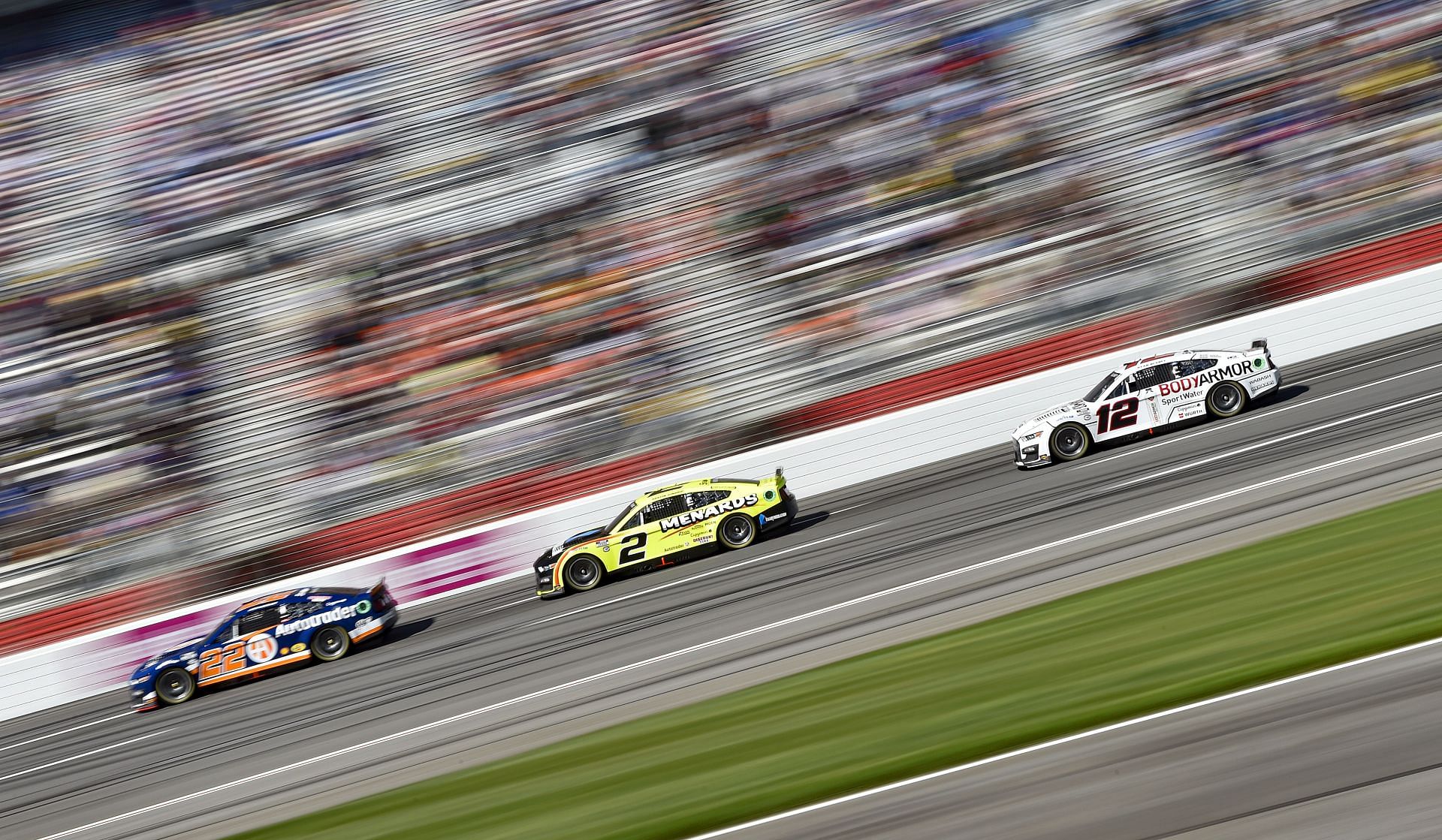 Joey Logano (22), Austin Cindric (2), and Ryan Blaney (12) during the 2023 Ambetter Health 400. Source: Getty
